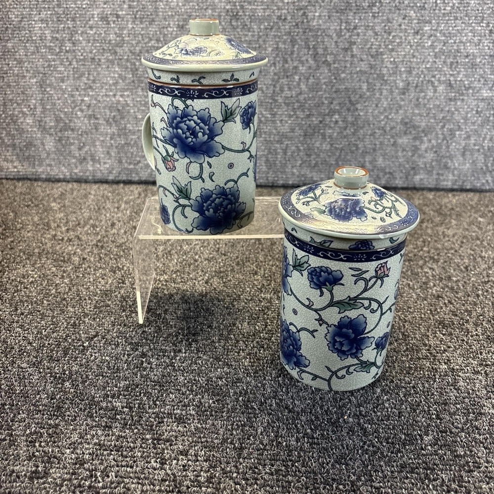 Oriental Style Ceramic Tea Cup Infuser Steep Brew Blue Flowers~Set of 2~READ